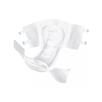 Une culotte d'incontinence MoliCare Slip Day de Hartmann avec des languettes adhésives de Paul Hartmann AG est ouverte et à plat sur un fond blanc, montrant un rembourrage absorbant et des rabats latéraux pour une protection efficace contre l'incontinence urinaire et fécale.