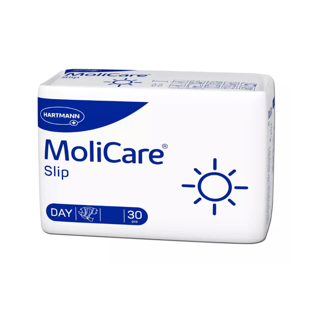 La culotte d'incontinence MoliCare Slip Day de Paul Hartmann AG pour l'incontinence urinaire et fécale est livrée dans un emballage blanc avec des accents bleus, présente un symbole de soleil et contient 30 pièces pour une utilisation quotidienne.