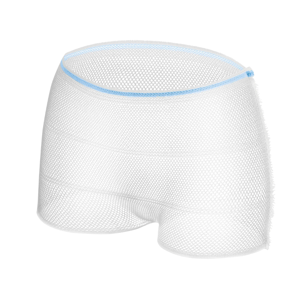 La culotte en filet Hartmann MoliCare® Fixpants de Paul Hartmann AG est une culotte jetable semi-transparente blanche en matériau filet avec une ceinture bleue, idéale pour une utilisation unique avec des protections pour incontinence. Représentée sur un fond blanc simple.