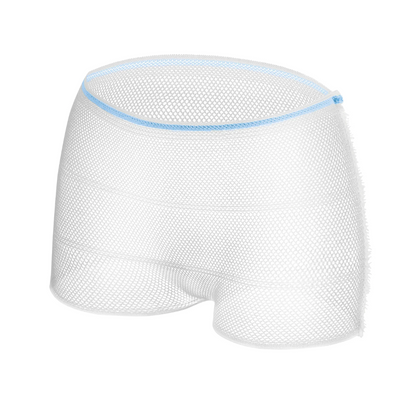 La culotte en filet Hartmann MoliCare® Fixpants de Paul Hartmann AG est une culotte jetable semi-transparente blanche en matériau filet avec une ceinture bleue, idéale pour une utilisation unique avec des protections pour incontinence. Représentée sur un fond blanc simple.