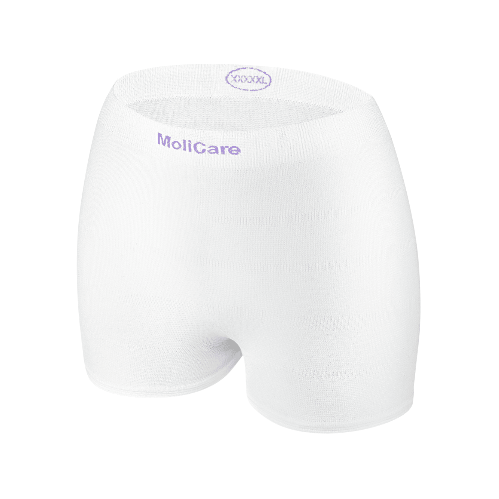 Culotte filet Hartmann MoliCare® Fixpants de Paul Hartmann AG : sous-vêtements stretch blancs à usage unique avec "MoliCare" et "XXXXL" en violet sur la ceinture, illustrés sur un fond blanc simple pour un confort sans couture et une fixation sécurisée des protections pour incontinence.