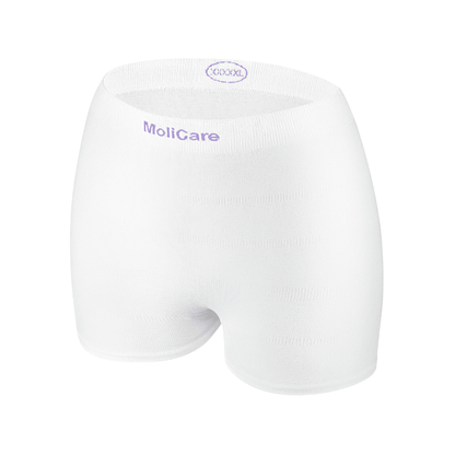 Culotte filet Hartmann MoliCare® Fixpants de Paul Hartmann AG : sous-vêtements stretch blancs à usage unique avec "MoliCare" et "XXXXL" en violet sur la ceinture, illustrés sur un fond blanc simple pour un confort sans couture et une fixation sécurisée des protections pour incontinence.