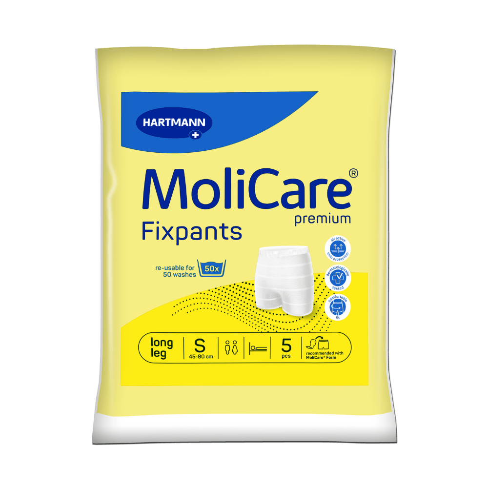 Un paquet jaune/blanc de culottes filet MoliCare® Fixpants de Paul Hartmann AG, taille S (45-80 cm de tour de taille), jambes longues, 5 pièces réutilisables (jusqu'à 50 lavages), idéal pour fixer les protections pour incontinence. Image du produit sur le devant.