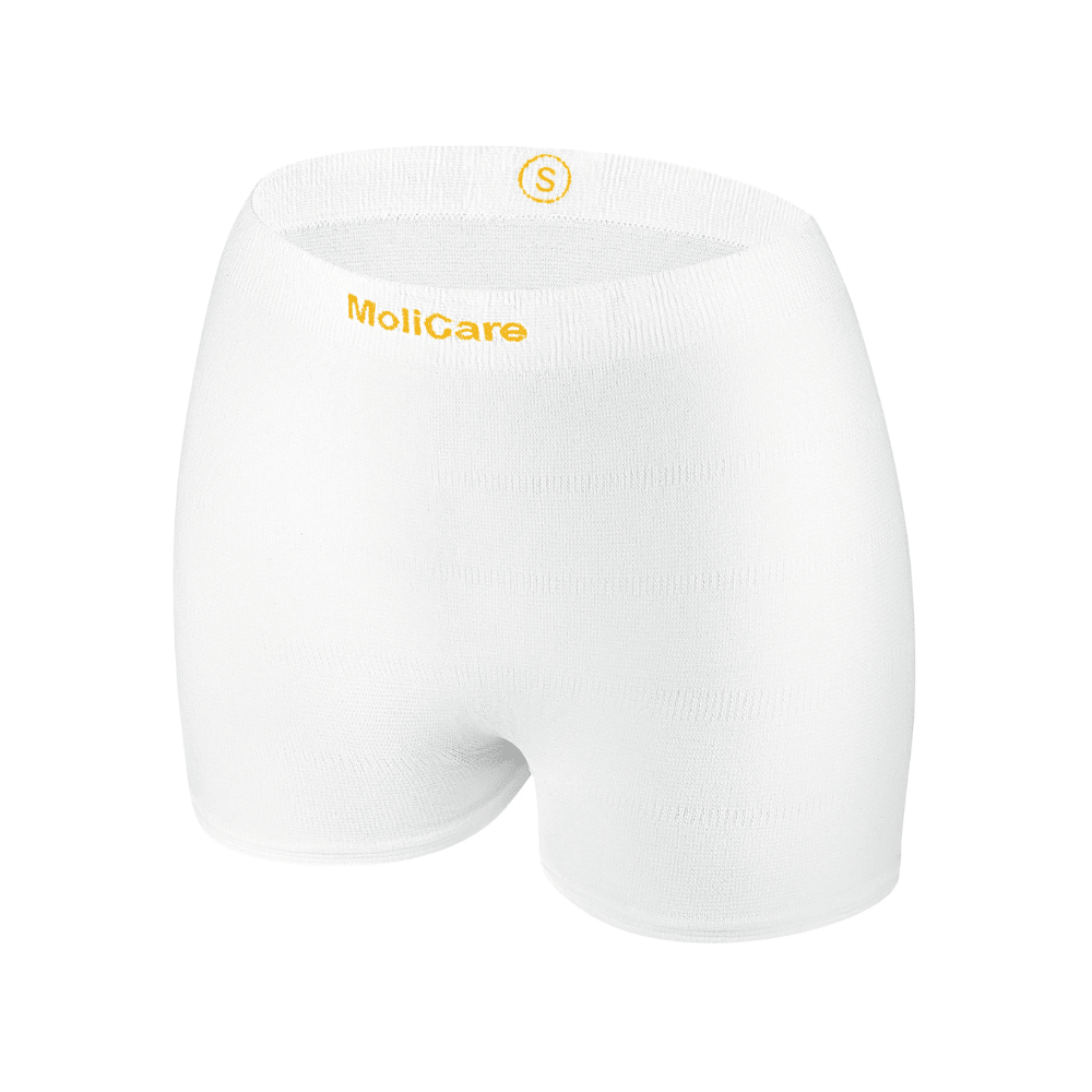 Les culottes filet Hartmann MoliCare® Fixpants de Paul Hartmann AG sont des sous-vêtements blancs sans couture avec une ceinture "MoliCare" et la taille "S", conçus pour une fixation confortable et sécurisée des protections pour incontinence.