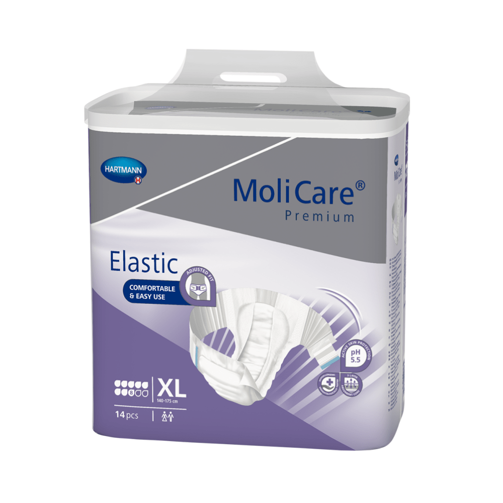 Un paquet de couches pour adultes Paul Hartmann AG Hartmann MoliCare® Premium Elastic, taille XL avec 14 pièces, avec un marquage blanc et violet pour l'incontinence urinaire et fécale sévère