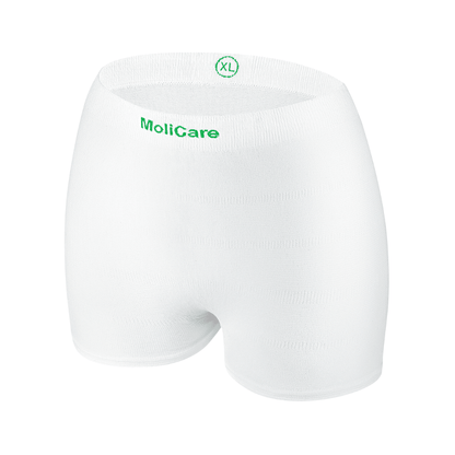 Les culottes filet jetables blanches Hartmann MoliCare® Fixpants de Paul Hartmann AG, vertes avec l'inscription "XL" sur fond blanc. Conçu pour les adultes, idéal pour fixer les protections pour incontinence avec un ajustement sans couture et sécurisé.