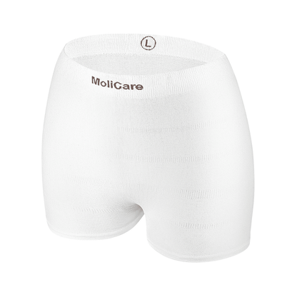 Culotte filet Hartmann MoliCare® Fixpants de Paul Hartmann AG, sous-vêtement blanc pour incontinence pour adultes en taille L avec étiquette de ceinture, conçu pour une fixation sécurisée des protections pour incontinence, illustré sur un fond blanc simple.