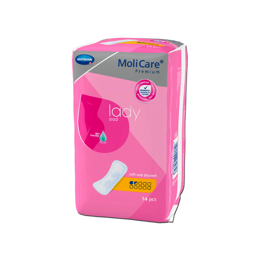 Une image montre un paquet de protections Hartmann MoliCare® Premium lady pad de Paul Hartmann AG. Le paquet rose avec un texte blanc et bleu montre l'image d'une protection. Il contient 14 pièces et se distingue par des caractéristiques telles que doux et discret, idéal pour une légère incontinence.