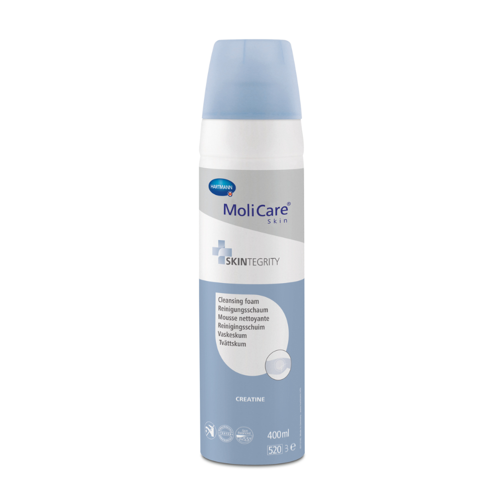 Une bouteille de 400 ml de mousse nettoyante MoliCare® Skin de Paul Hartmann AG avec une étiquette bleu-blanc et un texte multilingue sur un fond blanc simple.