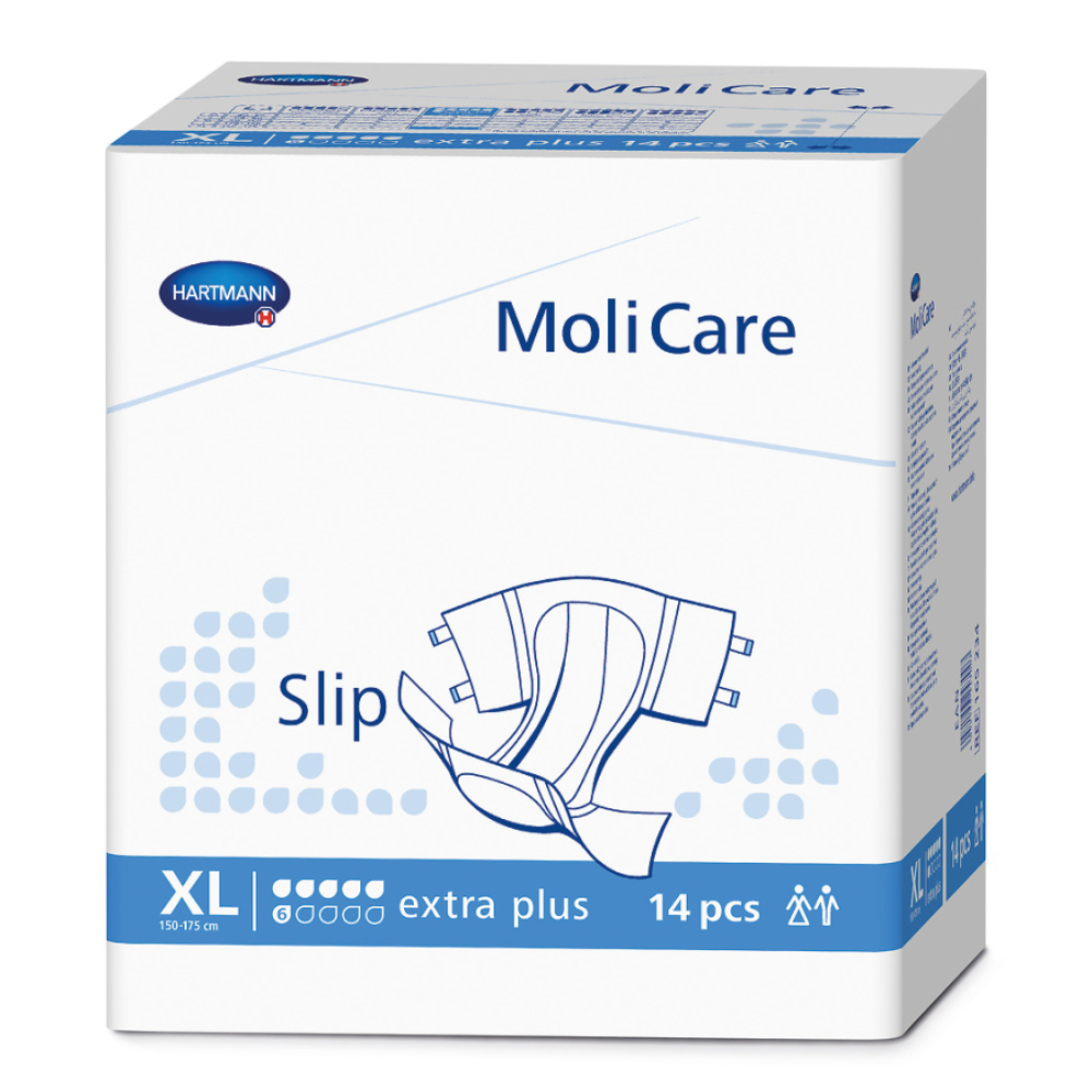 Un paquet de Paul Hartmann AG Hartmann MoliCare® extra+ Slip d'incontinence 6 gouttes, Unisexe en taille XL (130-175 cm). Le paquet contient 14 pièces et porte l'inscription « extra plus ». Avec un design bleu et blanc, il offre une absorption élevée des liquides pour une excellente protection contre les fuites.