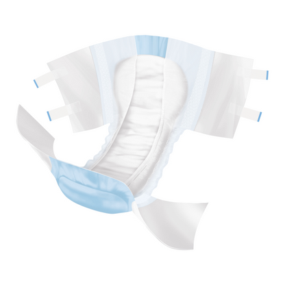 Image d'une couche bébé jetable ouverte avec des bords extérieurs bleus et blancs, montrant des languettes de fixation de chaque côté et un coussin absorbant blanc au milieu. Le slip d'incontinence Hartmann MoliCare® extra+ 6 gouttes, Unisexe | Paquet (14 pièces), conçu par Paul Hartmann AG, se distingue par une absorption élevée des liquides pour une excellente absorption ainsi que par des bandes élastiques aux jambes et une zone de ceinture bleue.