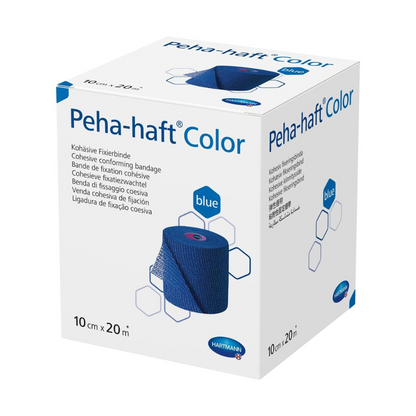 Une boîte avec Paul Hartmann AG Hartmann Peha-haft Color bande de fixation élastique bleue, 10 cm x 20 m, sur fond blanc. La boîte contient du texte et des graphiques qui décrivent