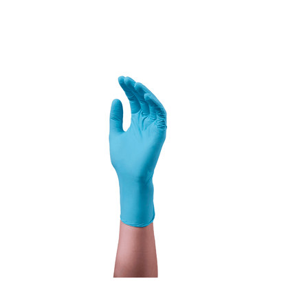 Une main gantée d'un gant en nitrile bleu sans poudre Hartmann Peha-soft®, isolée sur un fond blanc, les doigts recourbés vers le haut dans un geste de préhension ou de maintien.
