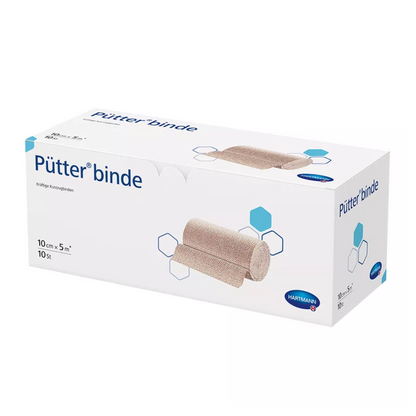 Une boîte de bandages de compression de la marque Hartmann Pütter-Verband®, étiquetée en blanc et bleu, avec des indications de taille et une image du bandage. Le texte inclut le nom de la marque Paul Hartmann AG et les spécifications du produit.