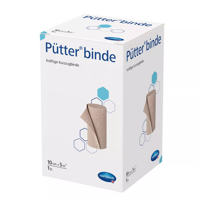 Une boîte de bandages à courte élasticité de la marque Hartmann Pütter-Verband® avec des illustrations du bandage et des graphiques hexagonaux, principalement dans les couleurs blanc et bleu. Le texte met en avant la taille du produit.