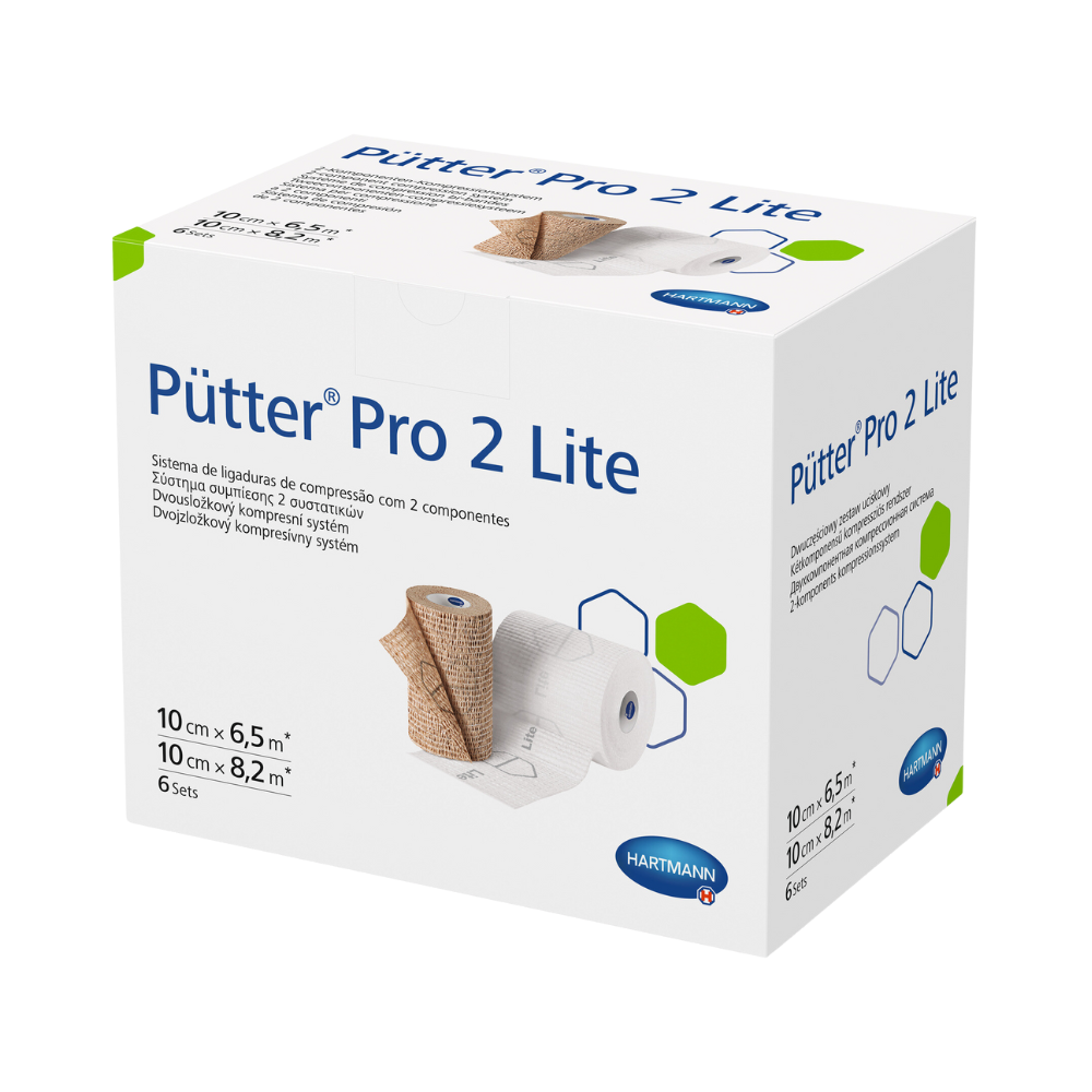 Une boîte de produit pour le système de bandage de compression Hartmann Pütter® Pro 2 Lite, affichant des informations sur les dimensions du produit et son utilisation sur un fond blanc. La boîte est blanche avec des accents bleus et verts.