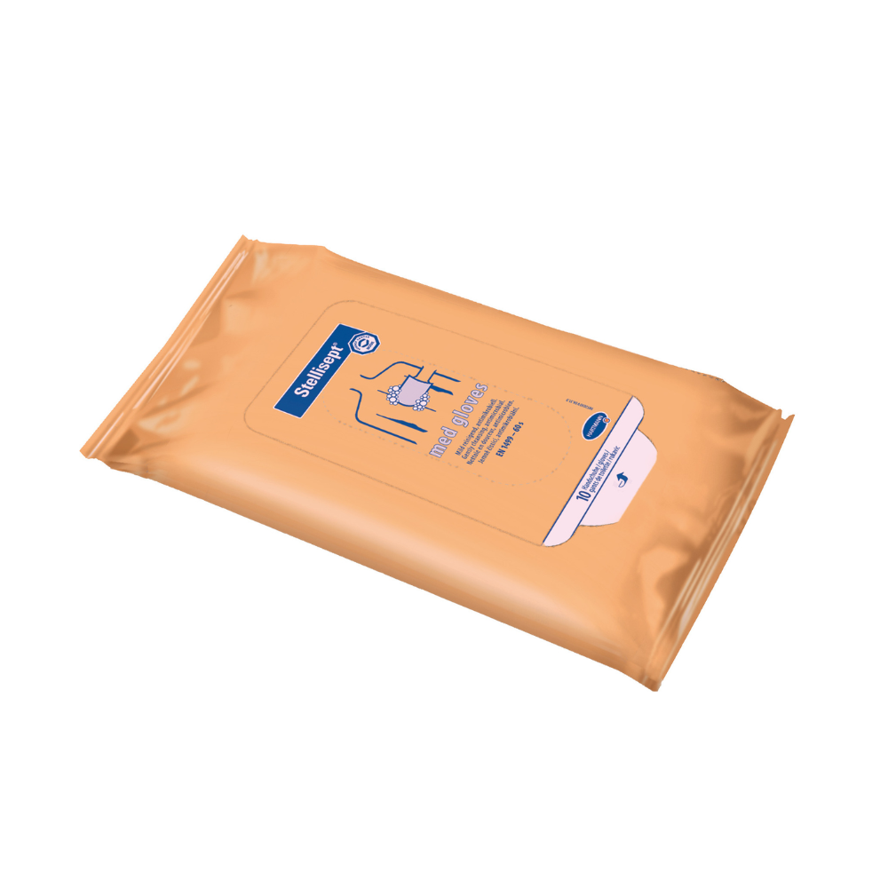 Un paquet de gants Paul Hartmann AG Hartmann Stellisept® med, gants de toilette | Paquet (10 pièces) pour un lavage corporel antibactérien nourrissant. L'emballage refermable orange dispose d'un texte bleu et d'illustrations, y compris une image de mains essuyées.