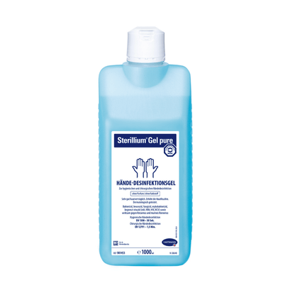 Une bouteille de gel désinfectant pour les mains Hartmann Sterillium® Gel pure de couleur bleu clair avec un bouchon blanc et une étiquette avec des informations détaillées sur le produit en langue allemande. La taille du récipient est de 1000 ml.