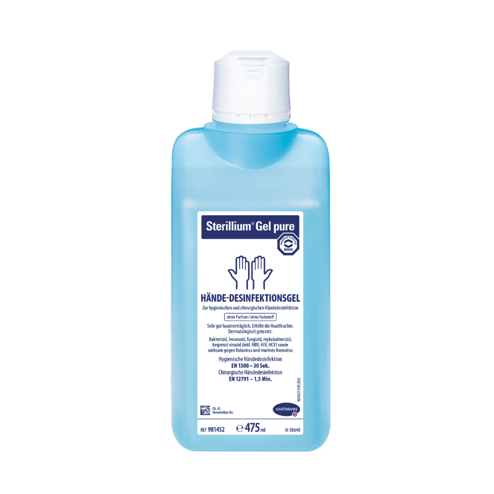 Une bouteille de gel Hartmann Sterillium® Gel pure, un gel désinfectant pour les mains pour peaux sensibles, est présentée de face. L'étiquette est principalement en bleu et blanc et contient un texte avec des informations détaillées sur l'utilisation et les informations du produit.