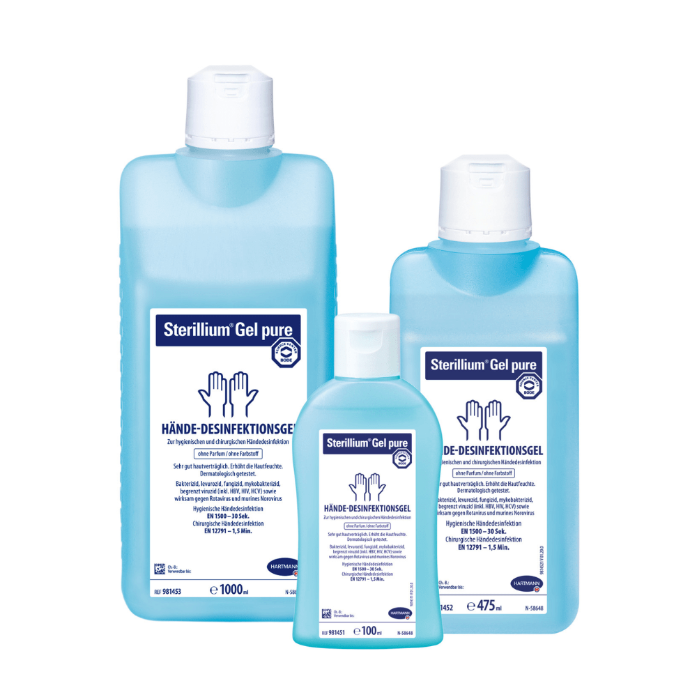 Trois bouteilles de gel désinfectant pour les mains Hartmann Sterillium® Gel pure de différentes tailles. La plus grande bouteille a une capacité de 1000 ml, suivie d'une de 475 ml et la plus petite de 100 ml. Marque : Paul Hartmann AG