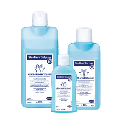 Trois bouteilles de gel désinfectant pour les mains Hartmann Sterillium® Gel pure de différentes tailles. La plus grande bouteille a une capacité de 1000 ml, suivie d'une de 475 ml et la plus petite de 100 ml. Marque : Paul Hartmann AG
