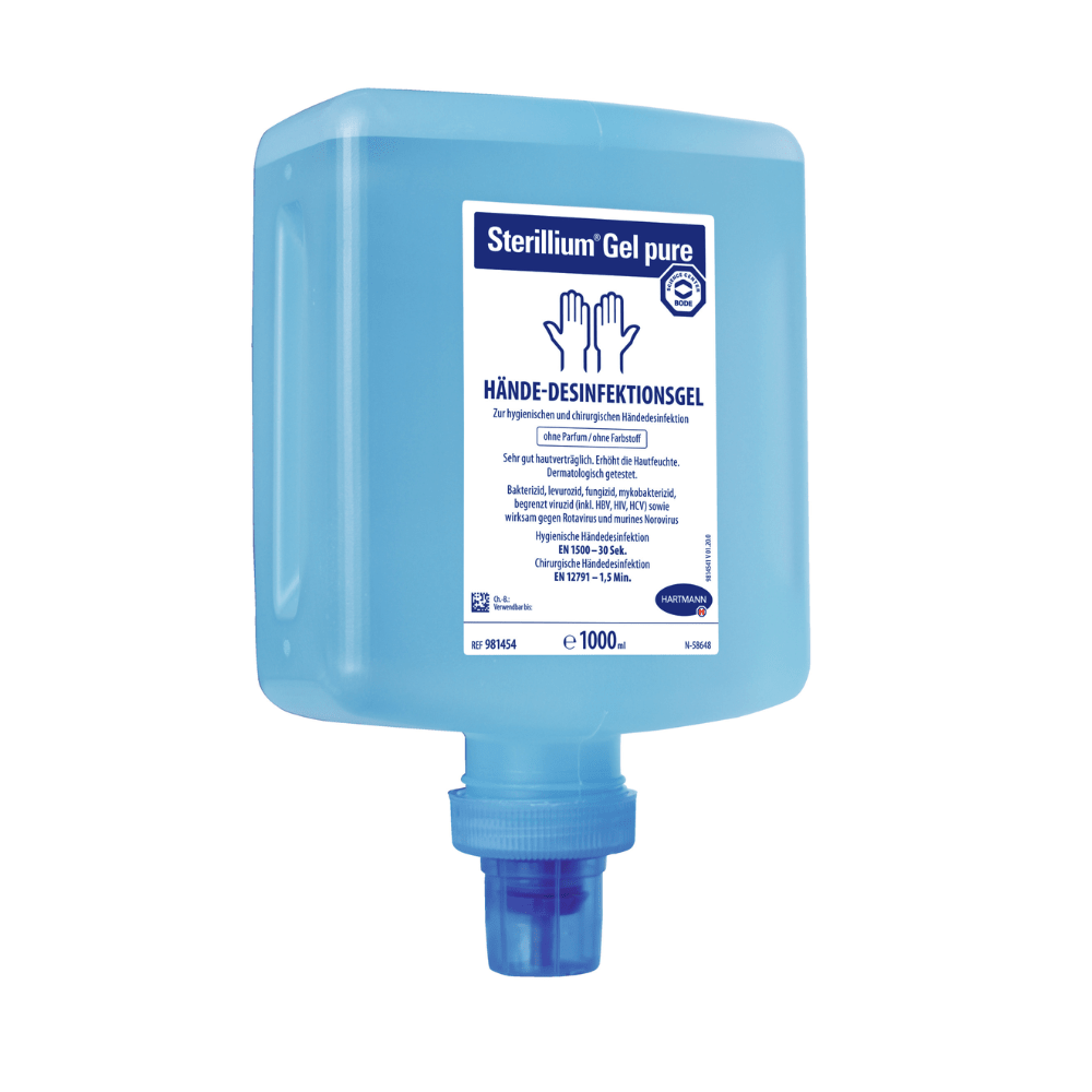 Un récipient bleu avec du gel désinfectant pour les mains Hartmann Sterillium® Gel pure, qui a un robinet en bas et est étiqueté avec des instructions d'utilisation et des informations sur le contenu en langue allemande. La capacité du récipient est indiquée.