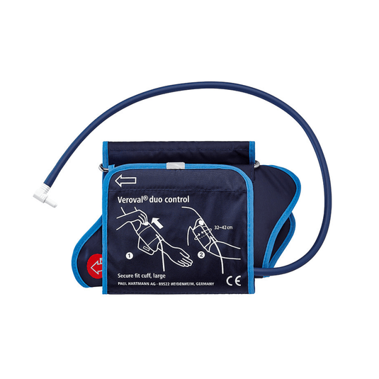 Brassard de tensiomètre bleu de Paul Hartmann AG – Brassards Hartmann Veroval® DUO CONTROL, taille L | Boîte (1 pièce), avec illustrations explicatives et conception assurant un maintien sûr, prévu pour une circonférence de bras de 32 à 42 cm.