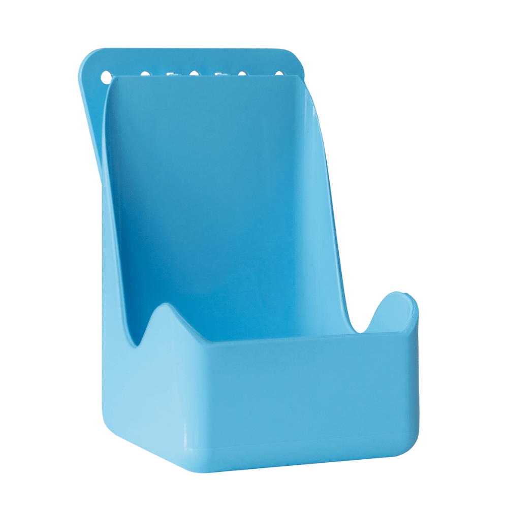 Les supports muraux « Mains » de Paul Hartmann AG, adaptés aux flacons de 500 ml, bleus, lot de 2 pièces, en plastique, avec un dos haut et une partie avant ouverte ; idéaux pour le rangement de désinfectant pour les mains ; matériel de fixation inclus.