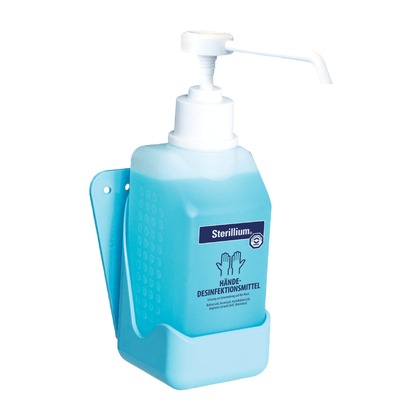 Lot de 2 supports muraux « Mains » de la société Paul Hartmann AG, conçus pour des flacons de 500 ml, de couleur bleue. Matériel de fixation pour le montage mural inclus ; adaptés à une utilisation sûre et pratique du distributeur.