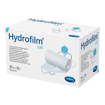 Une image de produit d'une boîte avec le rouleau Hartmann Hydrofilm® de Paul Hartmann AG, un ruban adhésif transparent, avec des détails d'emballage et des illustrations du rouleau de bande et des symboles d'utilisation.
