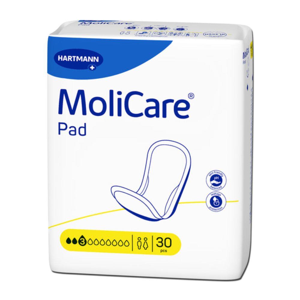 Un paquet de 30 protections Hartmann MoliCare® Pad pour incontinence de Paul Hartmann AG avec un noyau absorbant et une capacité d'absorption de 3 (trois gouttes noires). L'emballage blanc est orné d'accents bleu-jaune et de symboles unisexes.