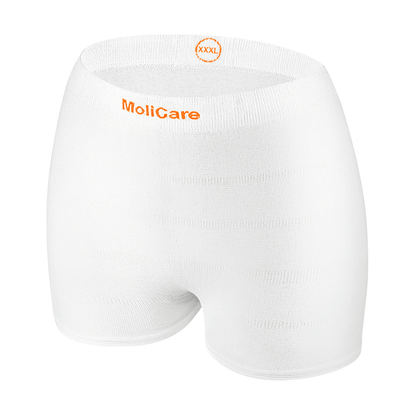 Une paire de culottes filet blanches Hartmann MoliCare® Fixpants de Paul Hartmann AG, taille haute avec "MoliCare" et "XXXL" en orange sur la ceinture, idéale pour fixer les protections pour incontinence, illustrée sur un fond blanc simple.