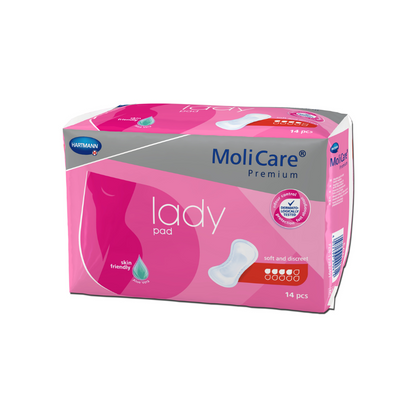 Une image montre un paquet de protections Hartmann MoliCare® Premium Lady Pad. L'emballage rose et blanc affiche une silhouette féminine sur le devant et contient 14 protections. Ces protections Lady Pads portent le logo de Paul Hartmann AG et sont décrites comme « douces et discrètes » et « respectueuses de la peau », parfaites pour une légère incontinence.