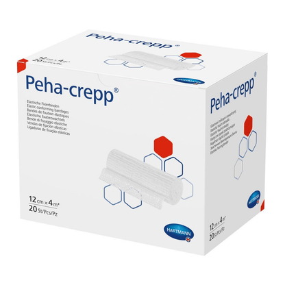 Une boîte de bandages de fixation super élastiques Hartmann Peha-crepp® - 20 pièces de Paul Hartmann AG avec informations sur la taille et la quantité. La boîte est blanche avec du texte et des diagrammes bleus et rouges.