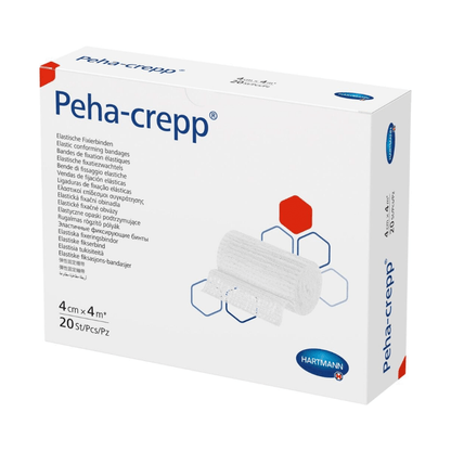 Boîte avec bandages de fixation super élastiques Hartmann Peha-crepp® - 20 pièces de Paul Hartmann AG avec détails du produit et image du bandage. Le texte sur l'emballage est multilingue.