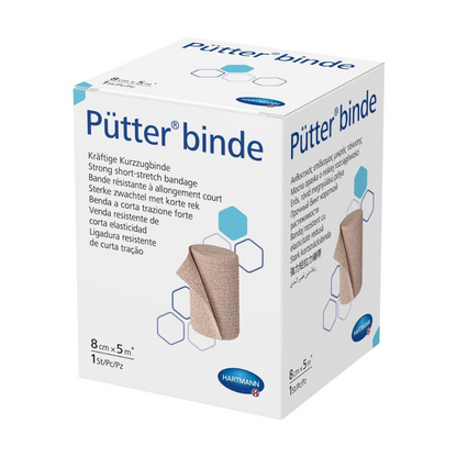 L'image montre une boîte de bandages à courte élasticité Hartmann Pütter-Verband avec les dimensions 8 cm x 5 m. L'emballage est principalement blanc et comporte du texte et des images illustrant le bandage.