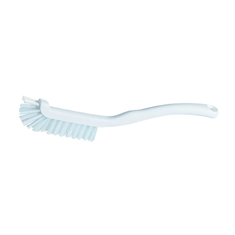 La brosse à joints Haug Bürsten de Haug Bürsten KG est une brosse à vaisselle blanche en plastique, conçue pour un nettoyage efficace. Elle dispose d'une poignée courbée et de poils rigides et inclinés à la pointe, incarnant un haut standard d'hygiène. Le produit est présenté sur un fond blanc simple et mesure 220 x 15 x 50 mm. Il est disponible à l'unité par paquet.
