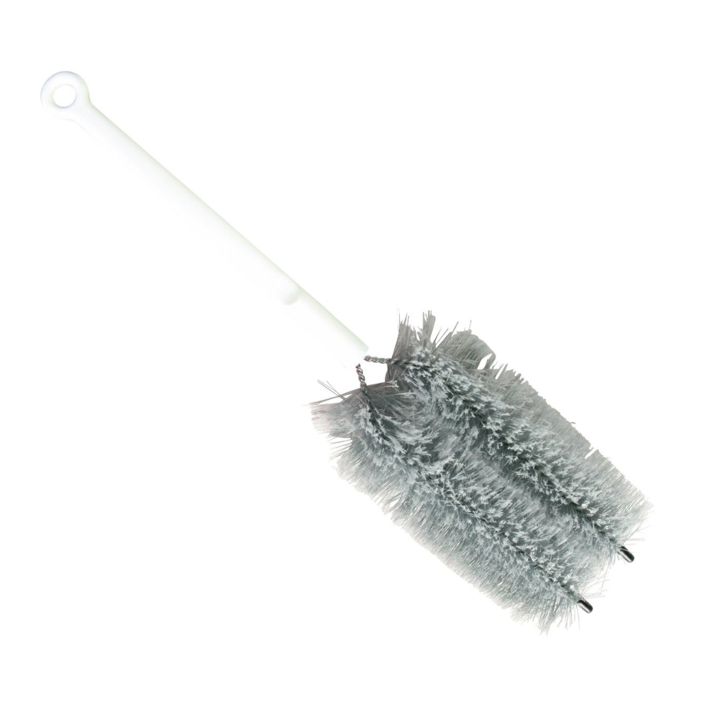 La Haug Bürsten brosse pour radiateur de la Haug Bürsten KG avec poignée blanche et poils cylindriques gris denses est idéale pour nettoyer les bouteilles, les récipients étroits ou les radiateurs à ailettes et assure une liaison efficace de la poussière.
