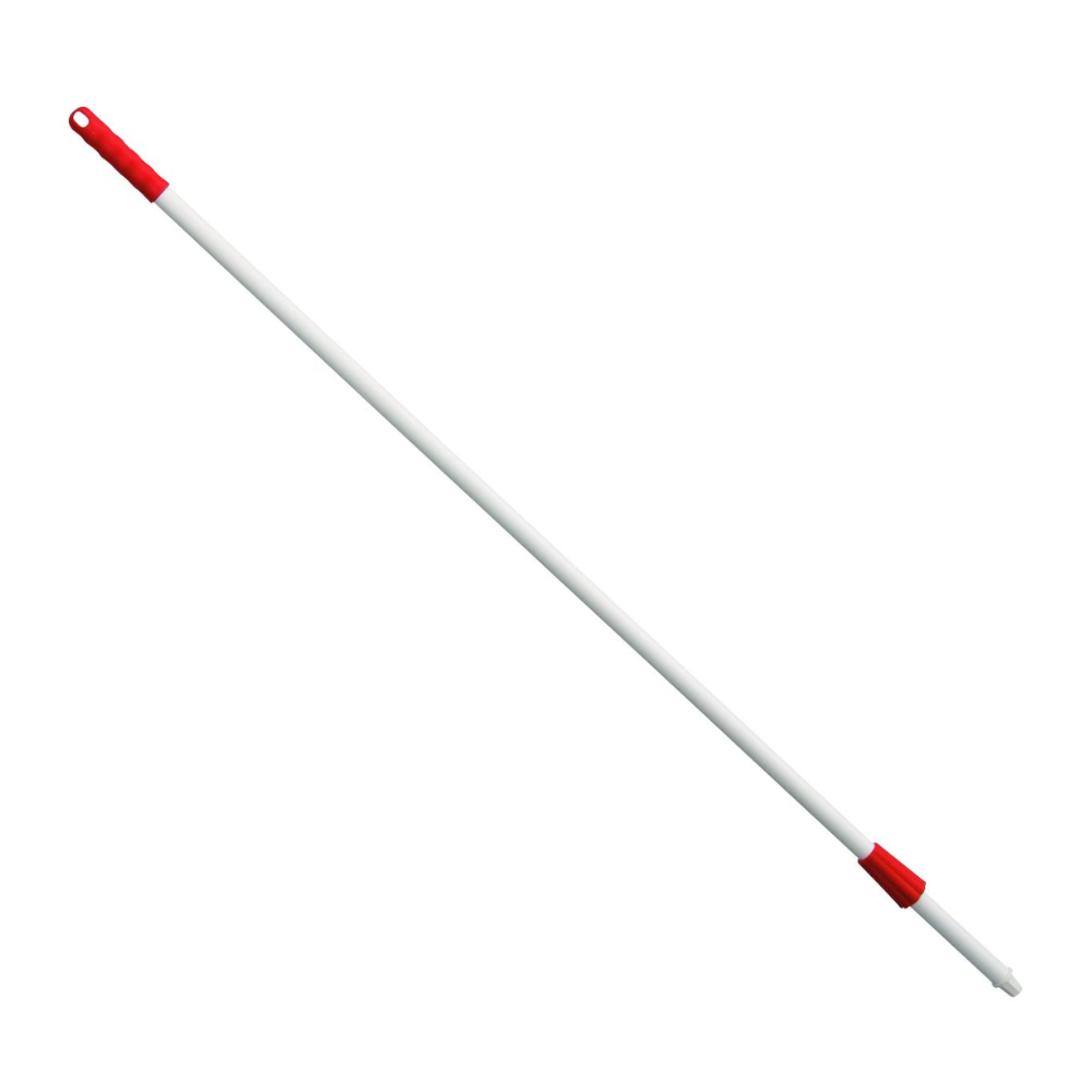 Un long manche de balai non conducteur en acier à fibre de verre blanc d'une longueur de 1450 mm, avec une poignée rouge et une extrémité filetée rouge pour la fixation. Le manche de balai conçu par Haug Bürsten KG dispose d'un trou ergonomique en haut pour un accrochage facile.