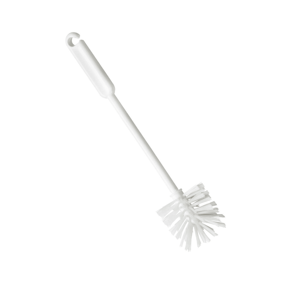 La brosse à verres et bouteilles Haug 32 cm de Haug Bürsten KG est une brosse de nettoyage hygiénique en plastique blanc avec un long manche et des poils, parfaite pour le nettoyage. Le design comprend un crochet pratique sur le manche pour un accrochage facile, ce qui la rend idéale pour les verres et les bouteilles.