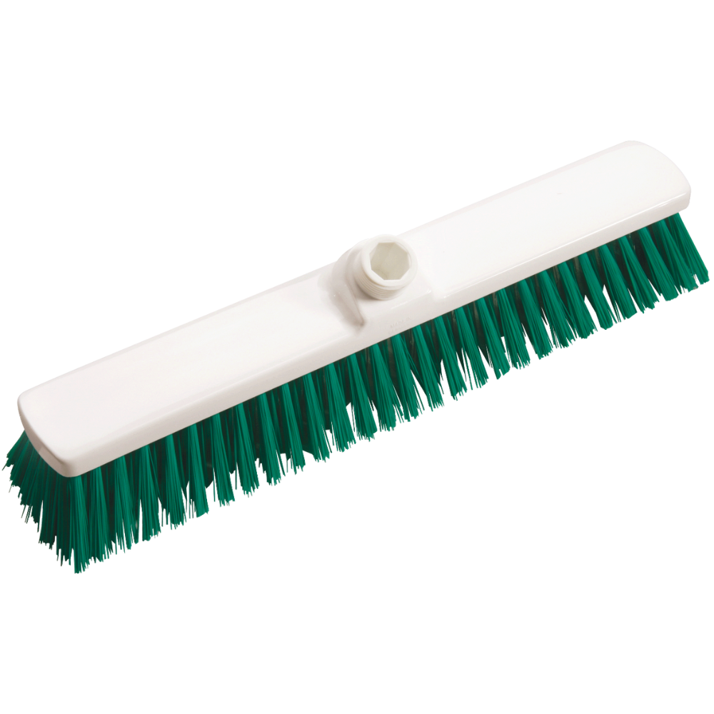 Le balai à grande surface Haug PBT 400x60x120 mm de Haug Bürsten KG est idéal pour le nettoyage professionnel, avec une base en plastique blanc, un support pour manche et des poils verts pour un balayage efficace.
