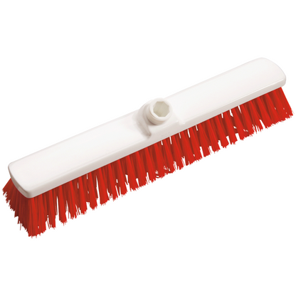 Le balai à grande surface Haug PBT 400x60x120 mm de Haug Bürsten KG est une brosse de nettoyage professionnelle avec des poils rouges rigides et une tête en plastique blanc, idéale pour frotter les surfaces dans le secteur alimentaire, équipée d'un support pour la fixation du manche.