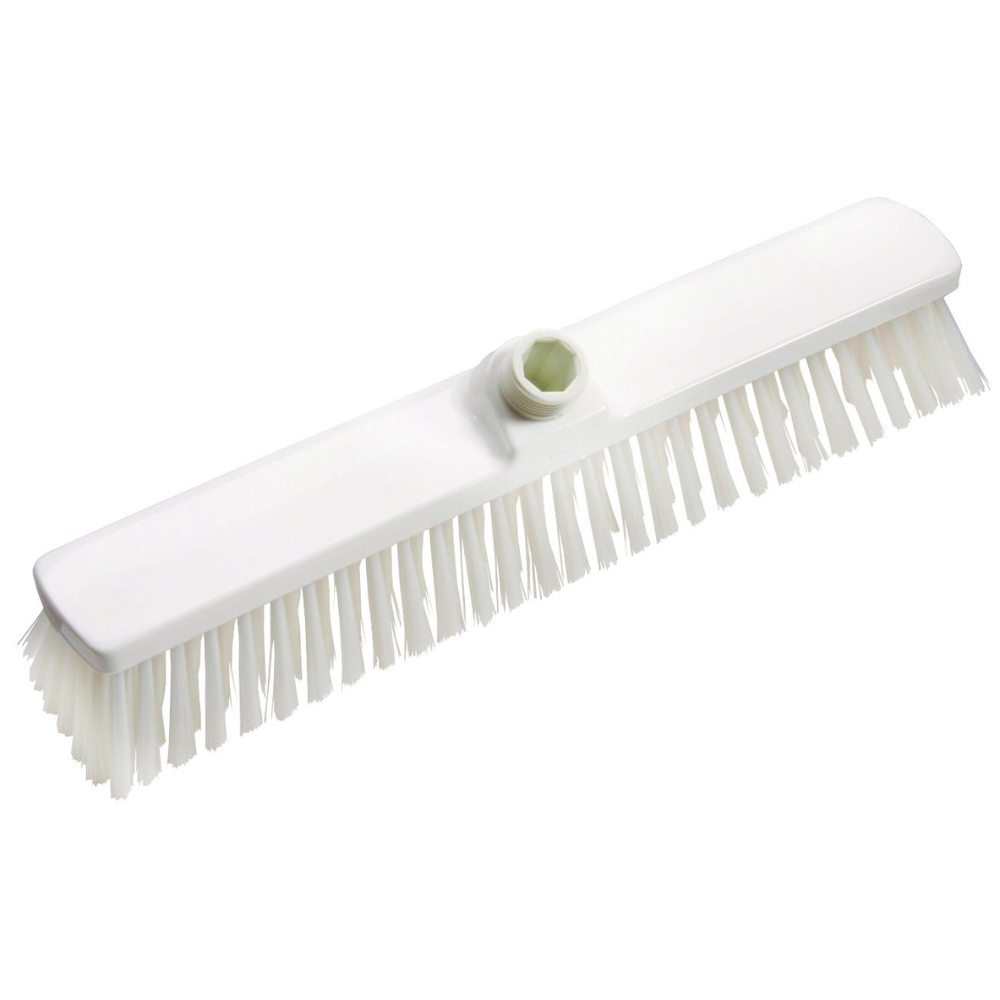 Le balai à grande surface Haug PBT 400x60x120 mm de Haug Bürsten KG dispose d'une tête de brosse blanche avec des poils rigides et un point de fixation central, idéal pour les tâches de nettoyage professionnel dans l'industrie alimentaire. Parfait pour frotter efficacement les surfaces.