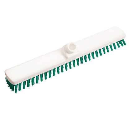 Le balai large Haug PBT Dur 400x60x26 mm de Haug Bürsten KG se présente de côté avec une tête de brosse blanche avec des poils verts en forme rectangulaire et une possibilité de fixation pour un manche, parfait pour les tâches de nettoyage professionnel.