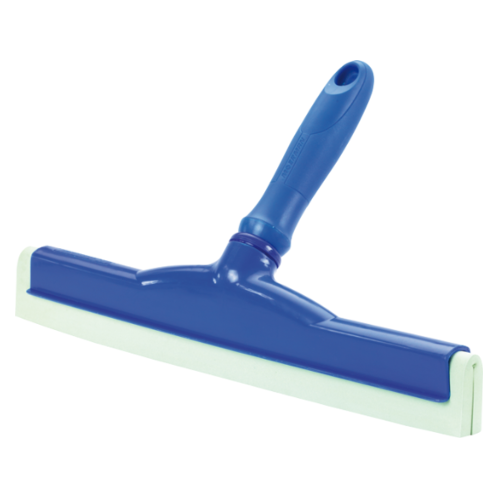 Un racloir à main Haug avec caoutchouc alimentaire, disponible en différentes couleurs, dispose d'une poignée robuste et d'une large lame en caoutchouc plate et inclinée. Ce produit de Haug Bürsten KG est idéal pour les applications hygiéniques et a été développé pour nettoyer les surfaces lisses comme les fenêtres ou les portes de douche conformément aux normes HACCP.