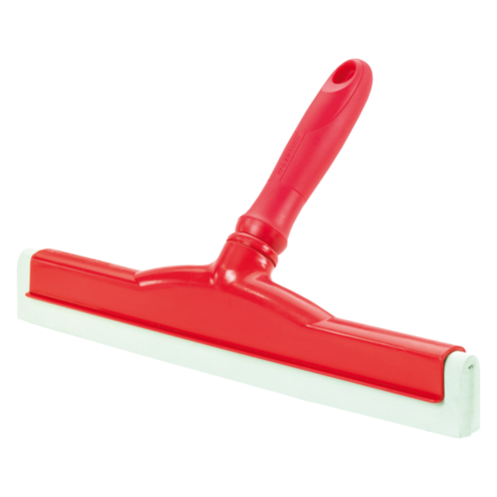 Le racloir à main Haug disponible en différentes couleurs de Haug Bürsten KG dispose d'une lèvre en caoutchouc blanc alimentaire et d'une poignée en plastique rouge, idéal pour les applications hygiéniques comme le nettoyage des fenêtres ou des douches conformément aux normes HACCP.