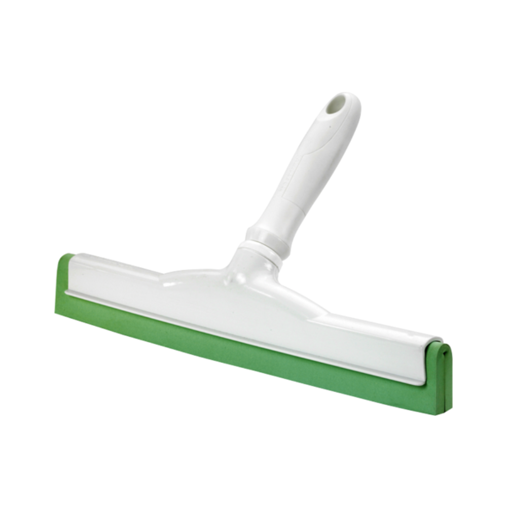 Un racloir à main Haug avec caoutchouc alimentaire en blanc et vert avec une poignée en plastique adaptée aux applications hygiéniques se trouve devant un fond blanc simple. Sa large lame est conçue pour nettoyer les fenêtres ou les surfaces lisses et répond aux normes HACCP pour la sécurité et la propreté.