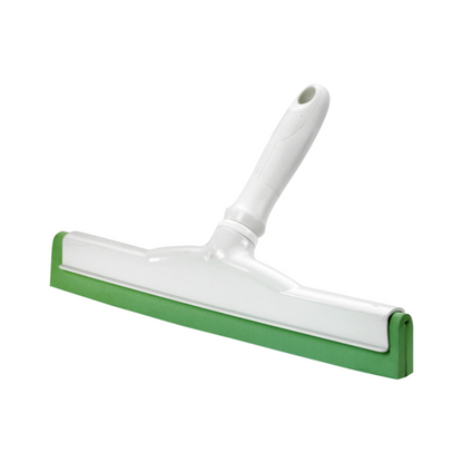 Un racloir à main Haug avec caoutchouc alimentaire en blanc et vert avec une poignée en plastique adaptée aux applications hygiéniques se trouve devant un fond blanc simple. Sa large lame est conçue pour nettoyer les fenêtres ou les surfaces lisses et répond aux normes HACCP pour la sécurité et la propreté.