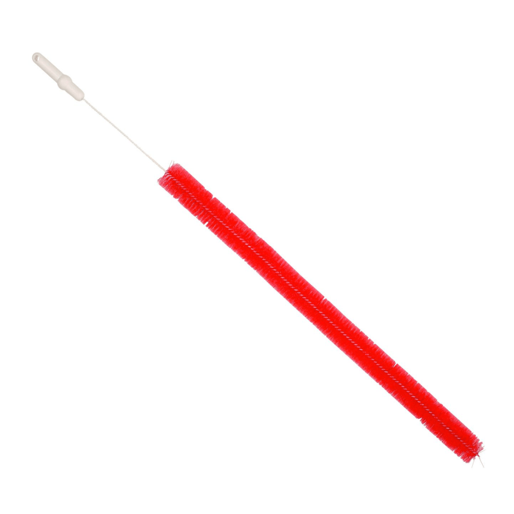 La brosse de radiateur Haug 1200 x Ø55 mm, fabriquée par Haug Bürsten KG, dispose de poils rouges capturant la poussière sur un long manche blanc flexible. Cette brosse de nettoyage fine est idéale pour nettoyer les espaces étroits ou les tuyaux.