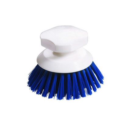 L'image montre une brosse à bouton Haug 90 x Ø120 mm de Haug Bürsten KG, avec une poignée en plastique blanc et des poils bleus serrés, idéale pour le brossage professionnel des surfaces et l'utilisation hygiénique à la maison.